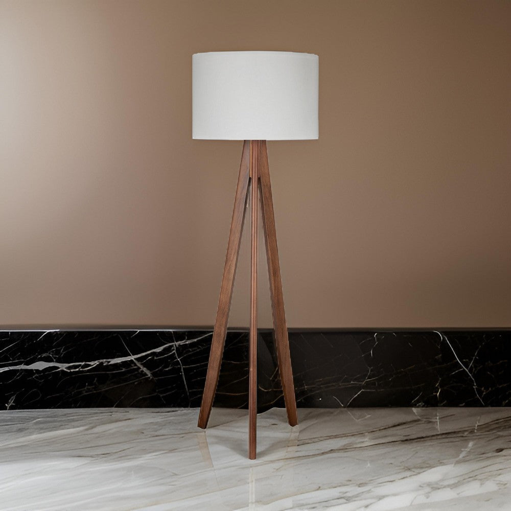 Megan 71 Inch Floor Lamp, White Drum Shade and Brown Wood Tripod Base By Casagear Home