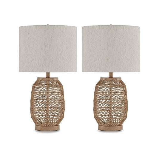 23 Inch Boho Table Lamp Set of 2, White Shade, Beige Rattan Woven Lantern By Casagear Home