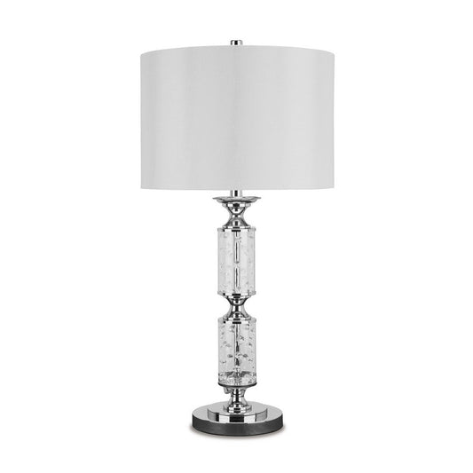 30 Inch Table Lamp, Clear Glass Crystal Base, Silver Chrome Base, White  By Casagear Home
