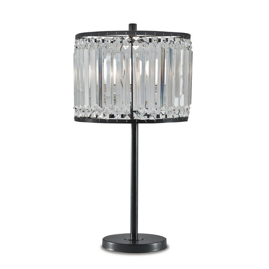 Cela 27 Inch Table Lamp, Clear Crystal Beaded Drum Shade, Black Metal Base By Casagear Home