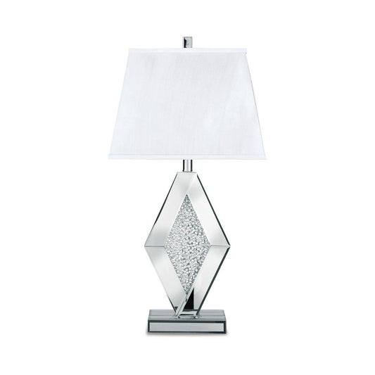 30 Inch Table Lamp, Mirrored Crystal Accent Geometric Base, Chrome, White By Casagear Home