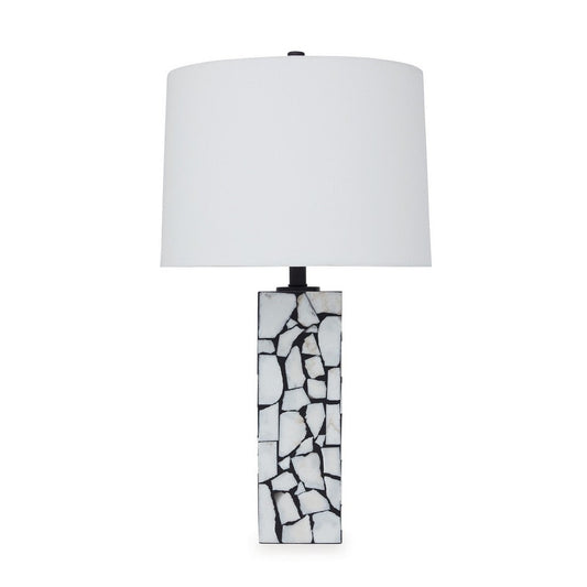 28 Inch Table Lamp, Drum Shade, Black and White Mosaic Marble Art Resin By Casagear Home