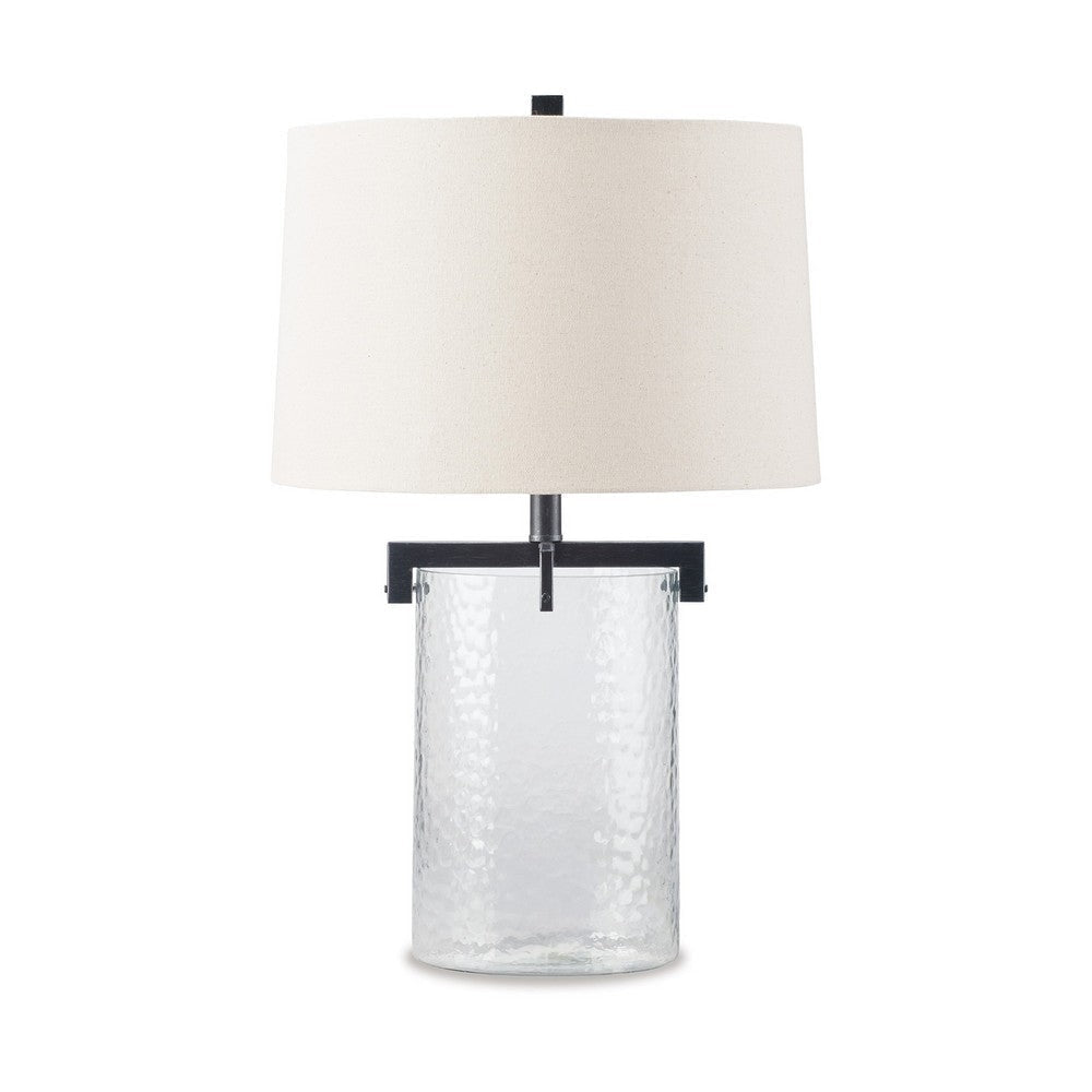 25 Inch Table Lamp White Drum Shade Clear Glass Base Black Metal Frame By Casagear Home BM317486