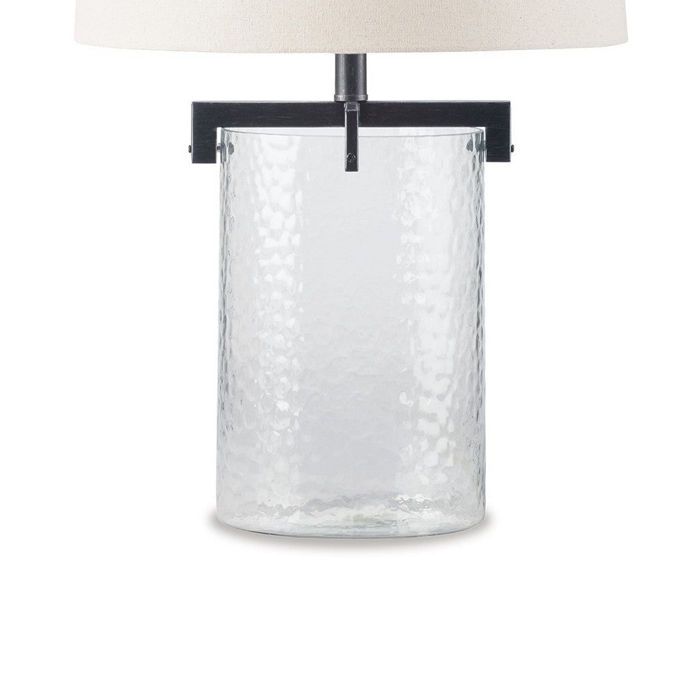 25 Inch Table Lamp White Drum Shade Clear Glass Base Black Metal Frame By Casagear Home BM317486