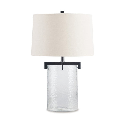 25 Inch Table Lamp, White Drum Shade, Clear Glass Base, Black Metal Frame By Casagear Home