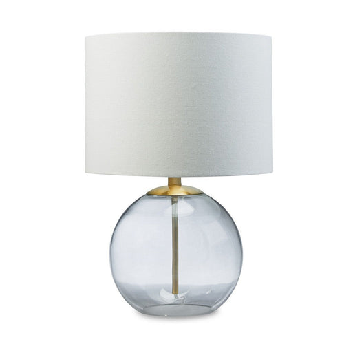 Ashley 21" Table Lamp, White Drum Shade, Round Glass Base, Brass