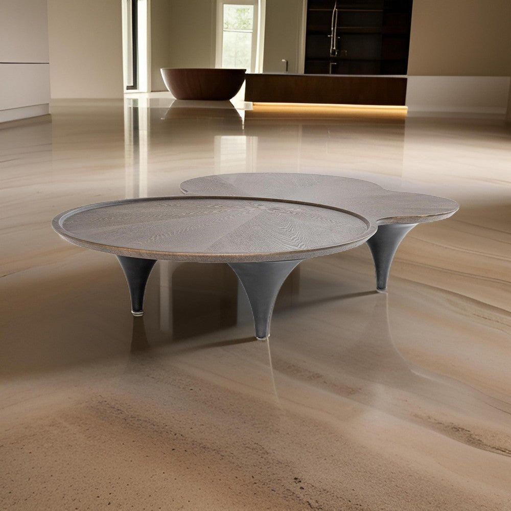 64 Inch Coffee Table, Free Form Irregular Top, Modern Dark Ash Brown By Casagear Home