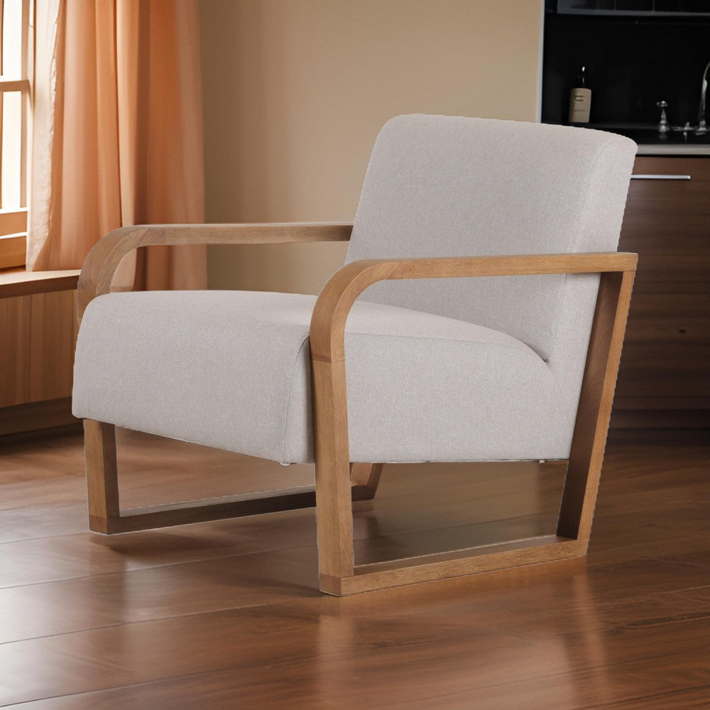 27 Inch Accent Chair, Cushioned Seat and Back, Beige Linen, Brown Wood By Casagear Home