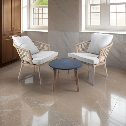 3 Piece Outdoor Wicker Chairs and Acacia Table Set, Gray Concrete Top By Casagear Home