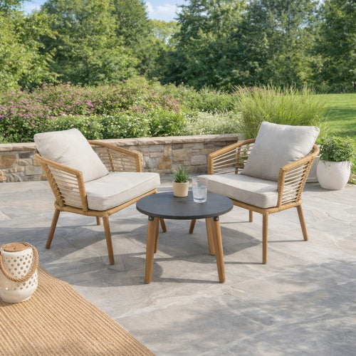 3 Piece Outdoor Wicker Chairs and Acacia Table Set, Gray Concrete Top By Casagear Home