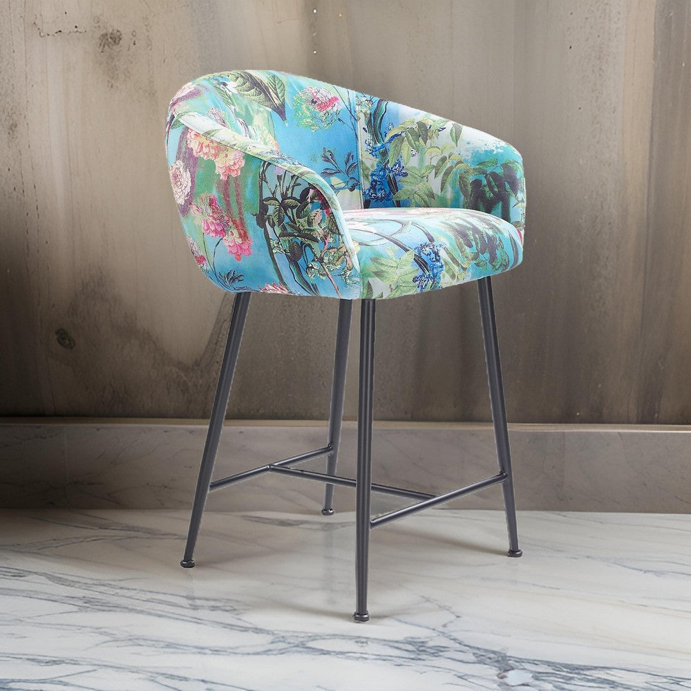 26 Inch Counter Stool Chair, Botanical Floral Print Blue Velvet, Black Legs By Casagear Home