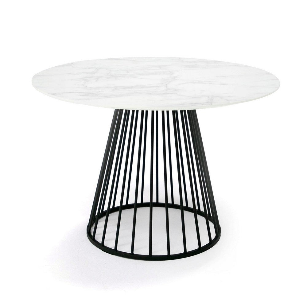 43 Inch Round Dining Table White Faux Marble Top Black Pedestal Base By Casagear Home BM317517