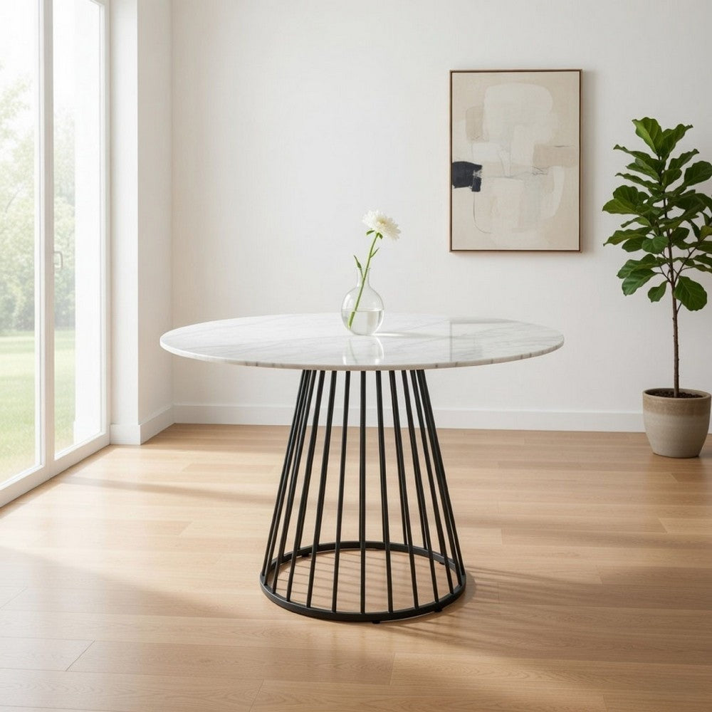 43 Inch Round Dining Table, White Faux Marble Top, Black Pedestal Base By Casagear Home