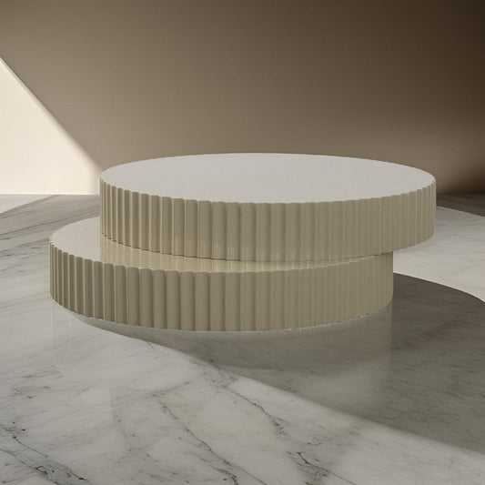 48 Inch Coffee Table, Round Top, Offset Fluted Accent, Modern Taupe Gray By Casagear Home