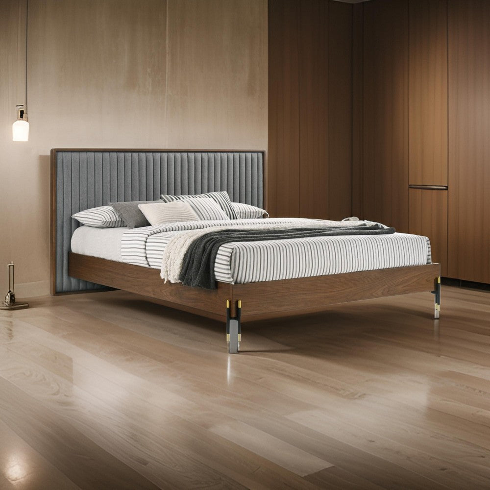Noe Sia King Size Platform Bed, Channel Tufted Upholstery, Gray, Brown By Casagear Home