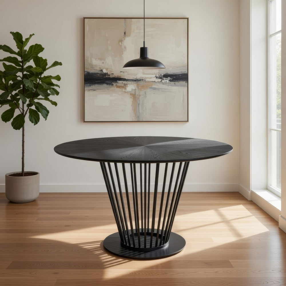 47 Inch Dining Table, Round Top, Modern Black Iron Metal Pedestal Base By Casagear Home