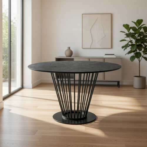 47 Inch Dining Table, Round Top, Modern Black Iron Metal Pedestal Base By Casagear Home