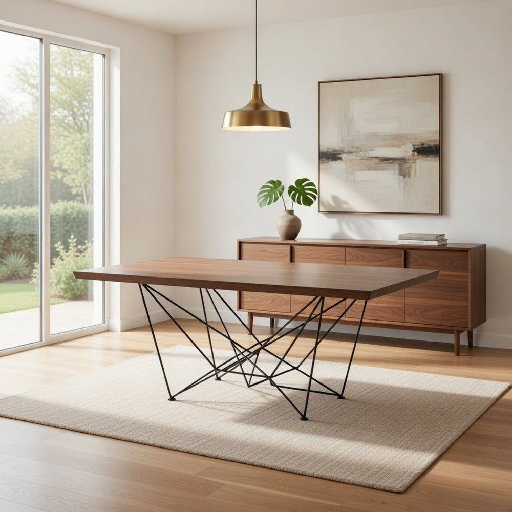79 Inch Dining Table, Rectangular Walnut Top, Modern Black Metal Base By Casagear Home