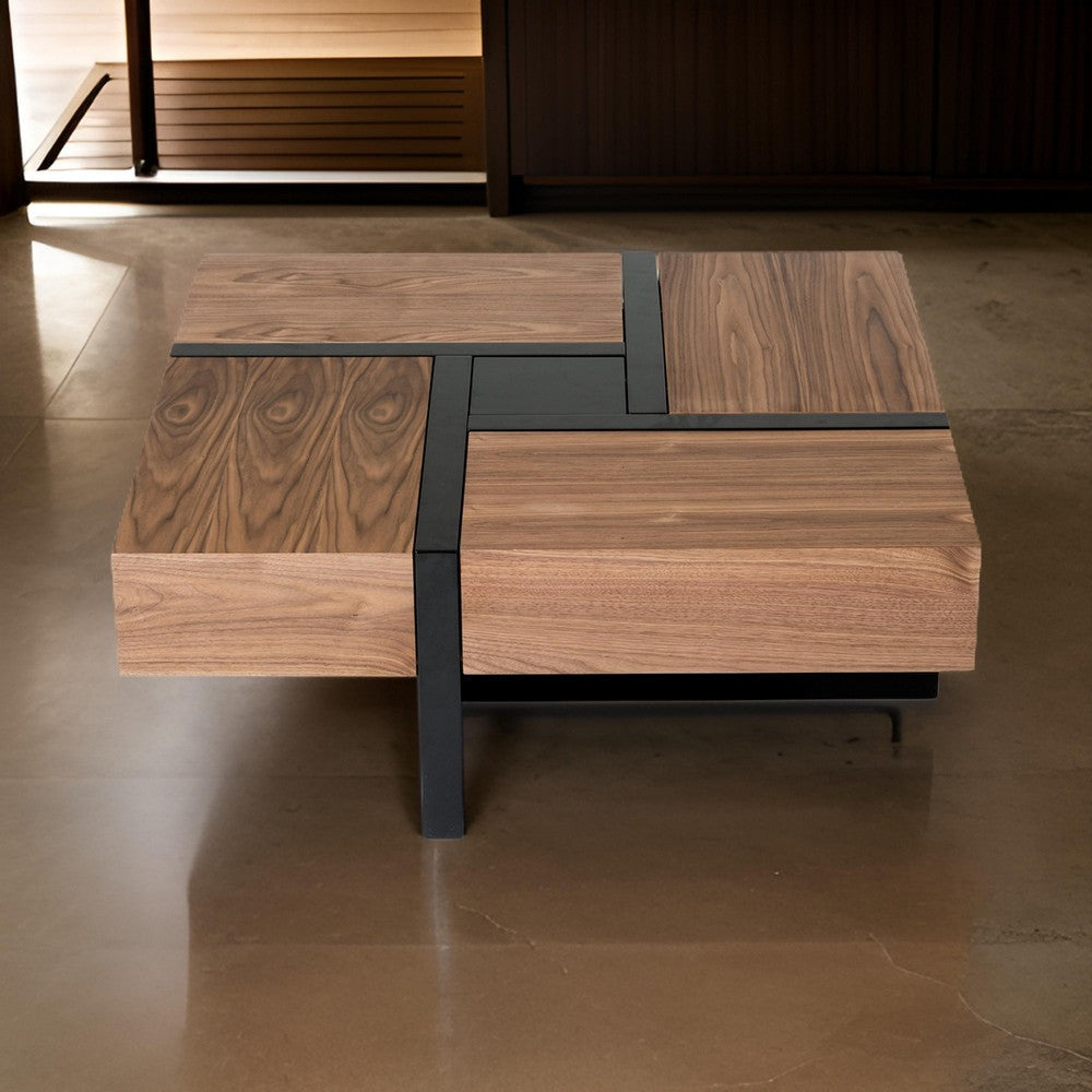 39 Inch Coffee Table, 4 Drawers, Puzzle Design, Walnut Brown, Black Finish By Casagear Home