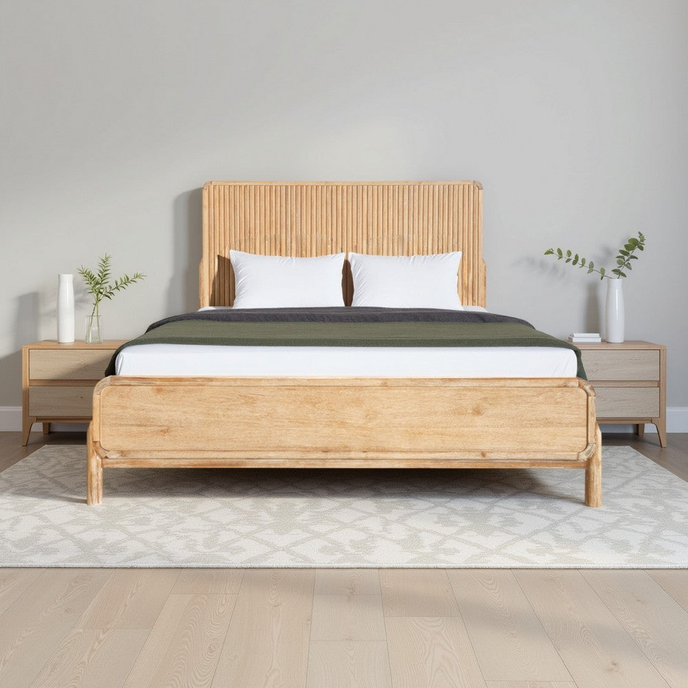 Cid Jima Platform Queen Bed, Horizontal Ribbed, Natural Brown Solid Wood By Casagear Home