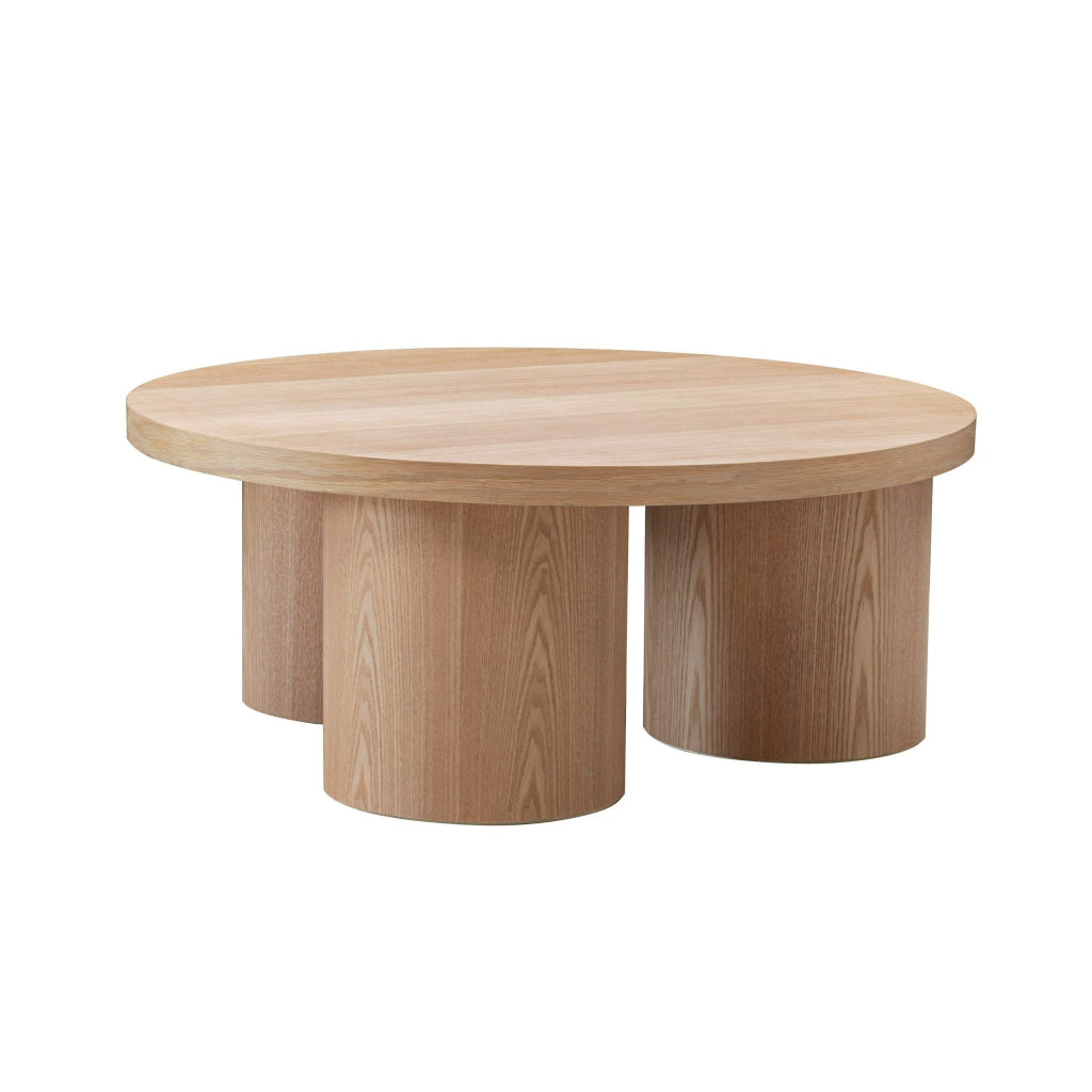 Cid Smith 36 Inch Coffee Table, Round Top and Legs, Solid Oak Wood, Natural By Casagear Home