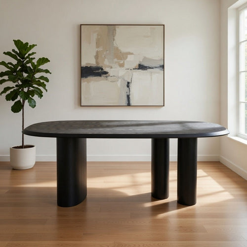 Cid Sami 87 Inch Dining Table, Triple Pedestal Legs, Black Solid Wood Frame By Casagear Home