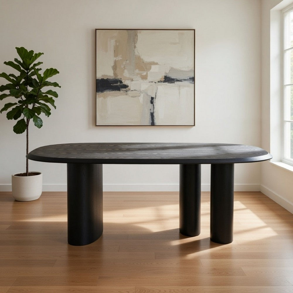 Cid Sami 87 Inch Dining Table, Triple Pedestal Legs, Black Solid Wood Frame By Casagear Home