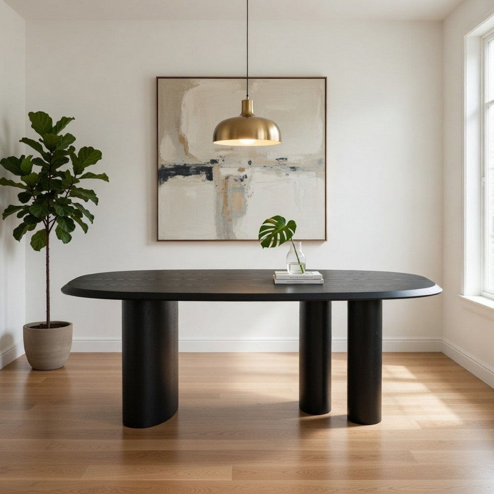 Cid Sami 87 Inch Dining Table, Triple Pedestal Legs, Black Solid Wood Frame By Casagear Home