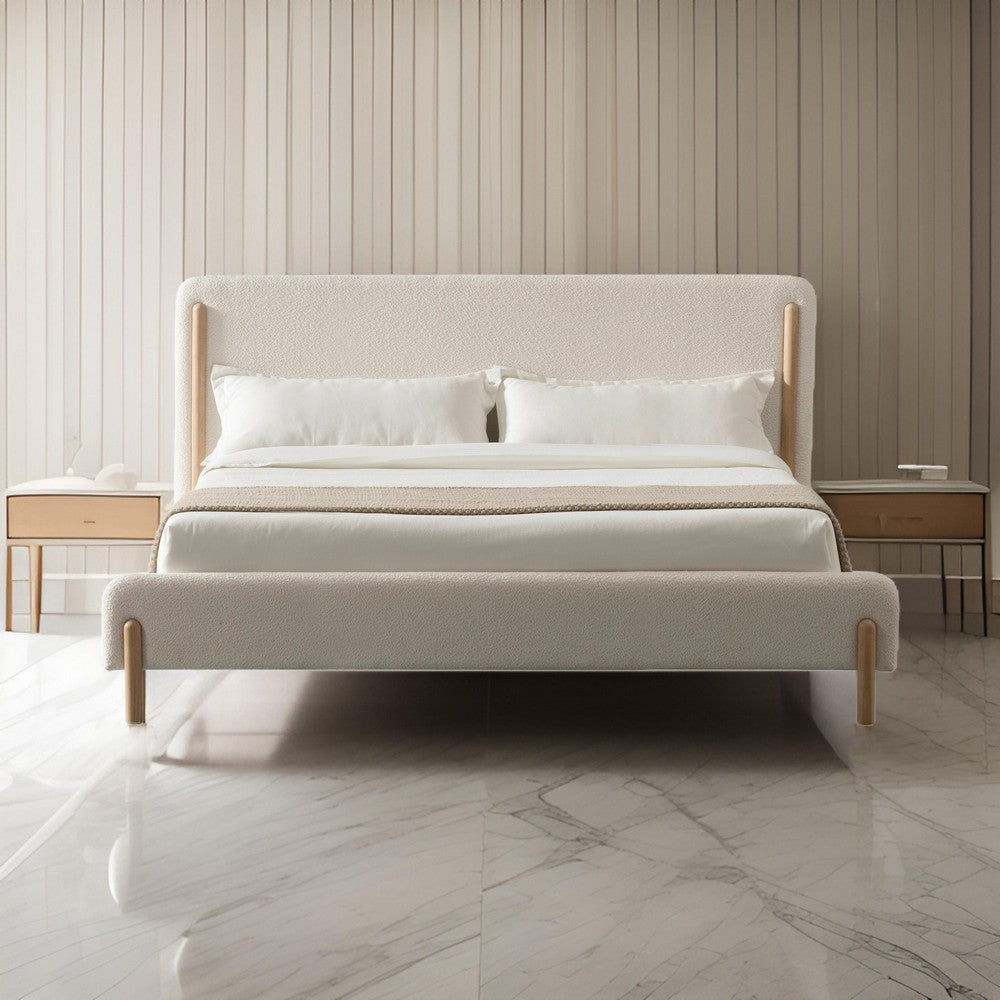 Cid Ellie Queen Size Bed, Ivory Polyester Upholstery, Solid Rubberwood By Casagear Home