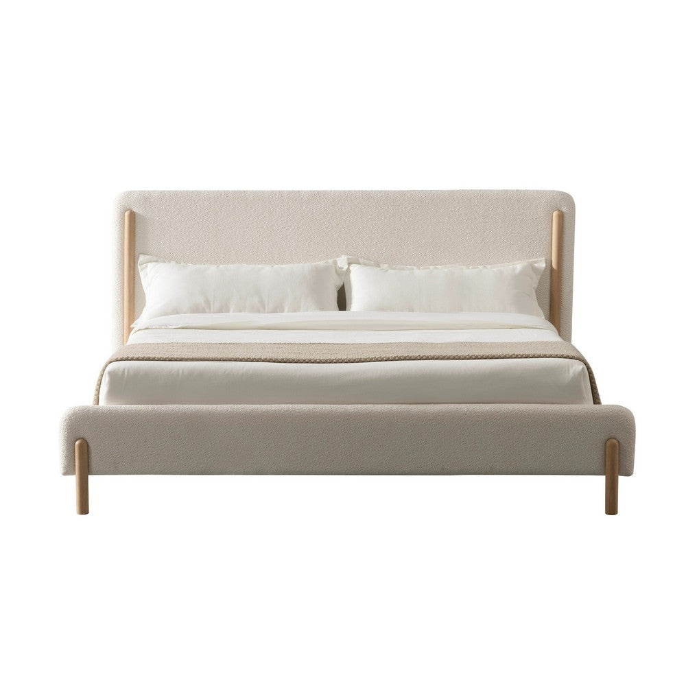 Cid Ellie King Size Bed, Ivory Polyester Upholstery, Solid Rubberwood By Casagear Home