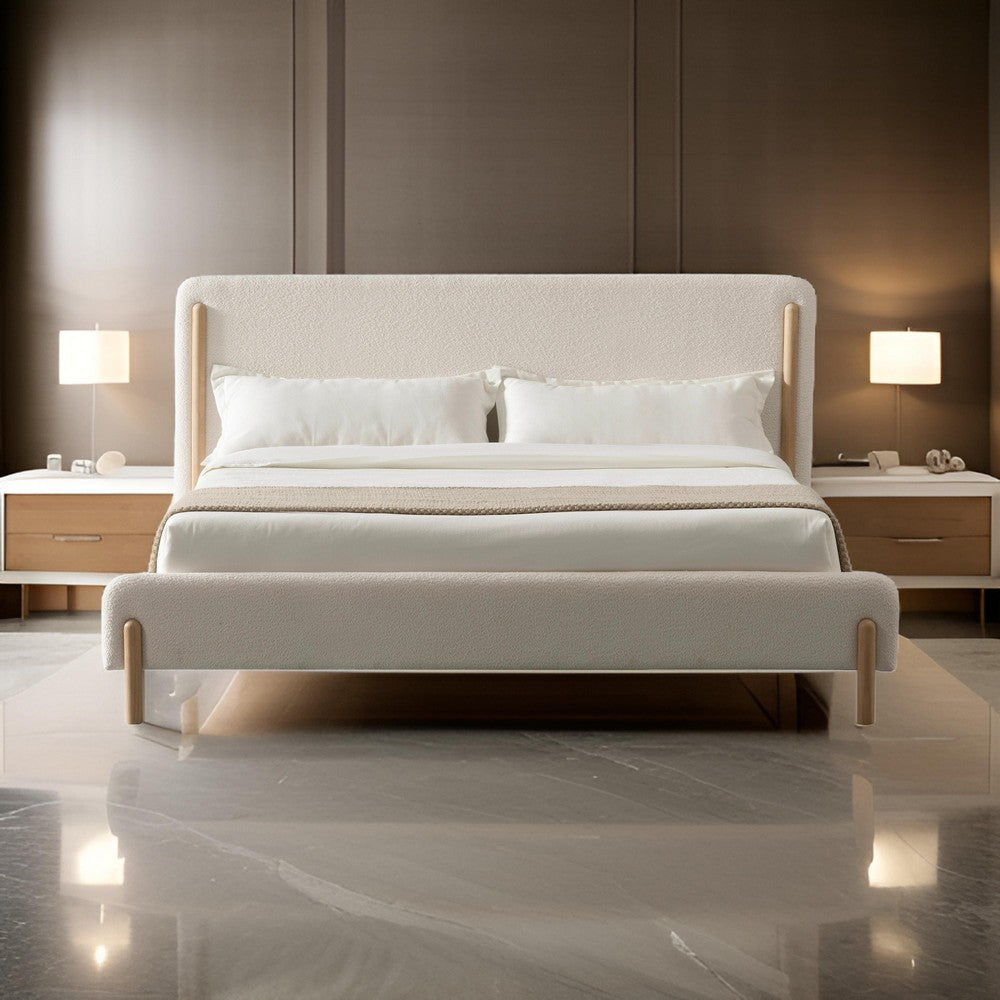 Cid Ellie King Size Bed, Ivory Polyester Upholstery, Solid Rubberwood By Casagear Home