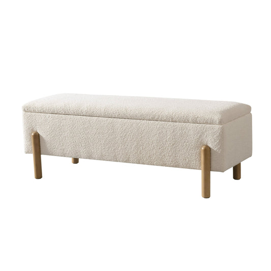 Cid Ellie 55 Inch Accent Bench, Storage, Ivory Polyester, Solid Rubberwood By Casagear Home