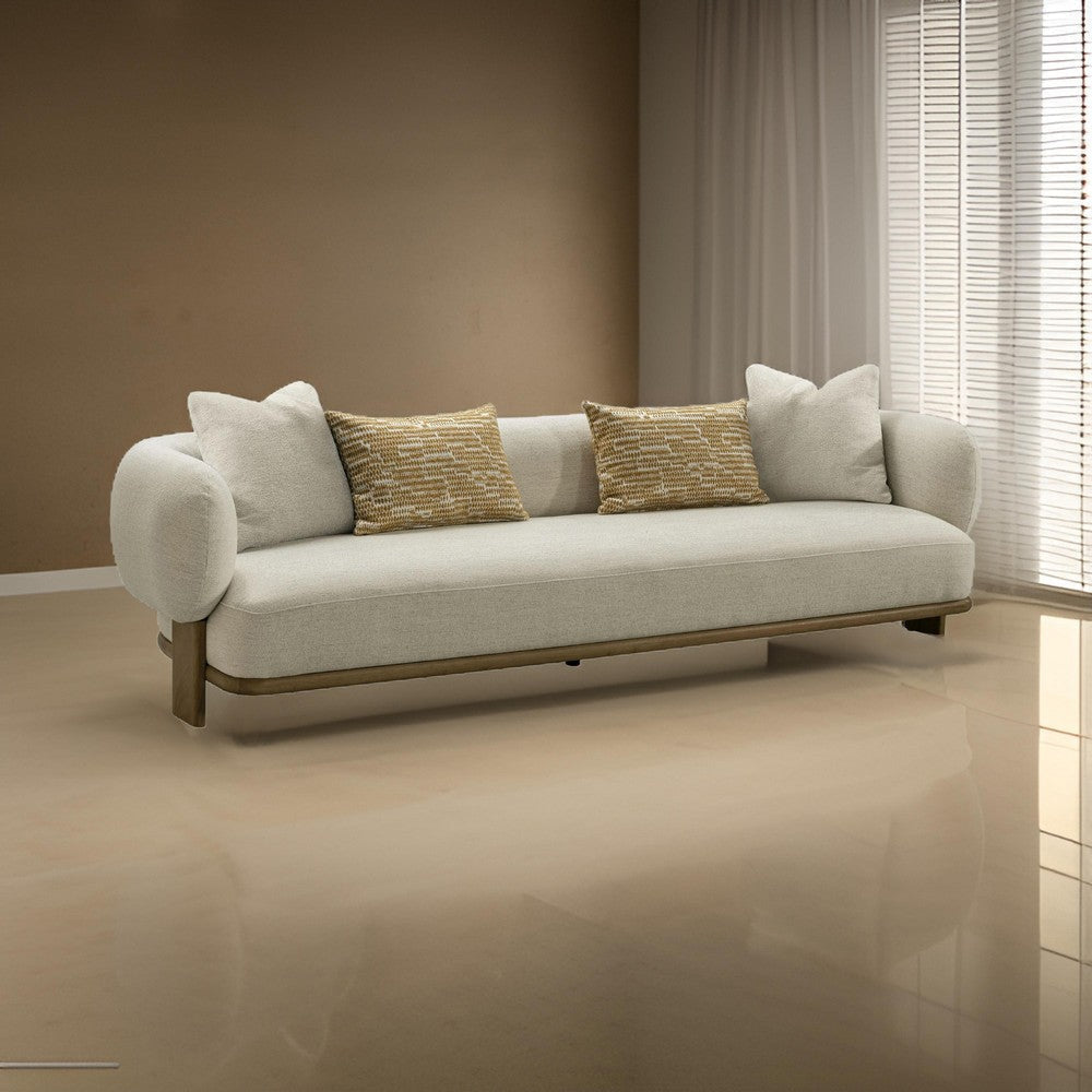 Reno Tira 102 Inch Sofa, Beige Polyester, 4 Accent Pillows, Solid Wood By Casagear Home