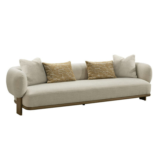 Reno Tira 102 Inch Sofa, Beige Polyester, 4 Accent Pillows, Solid Wood By Casagear Home