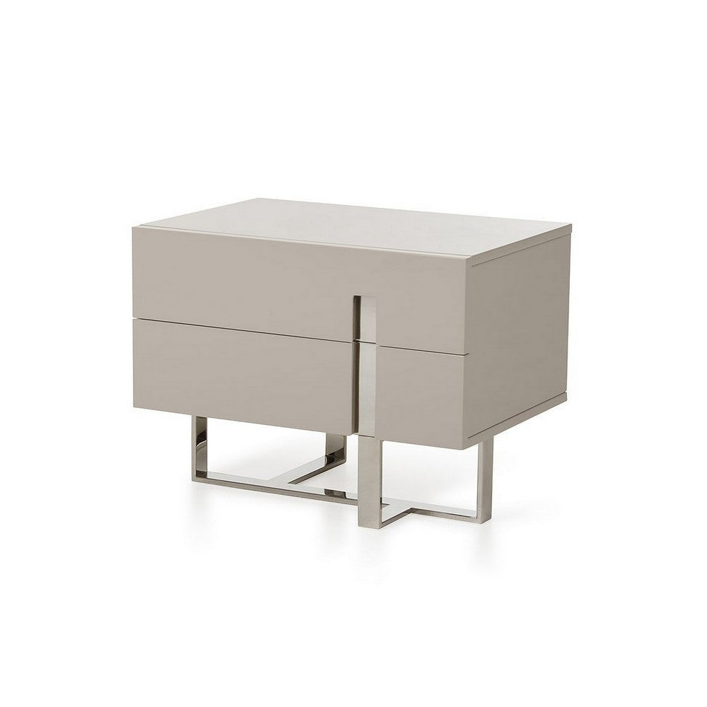 Cid Vili 23 Inch Nightstand, 2 Drawers, Gray High Gloss Wood, Steel Legs By Casagear Home