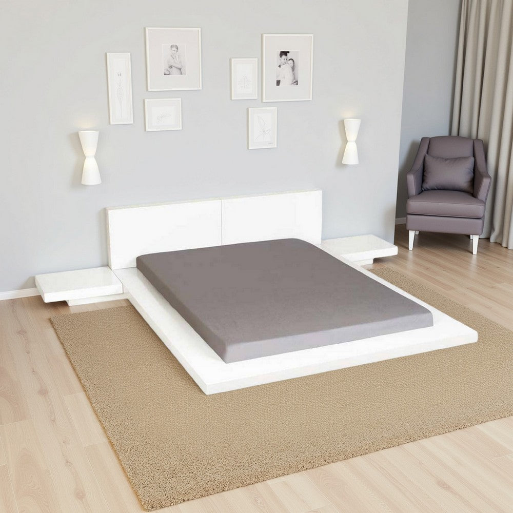 Nira Queen Size Platform Bed, 2 Nightstands, White Faux Leather Upholstery By Casagear Home