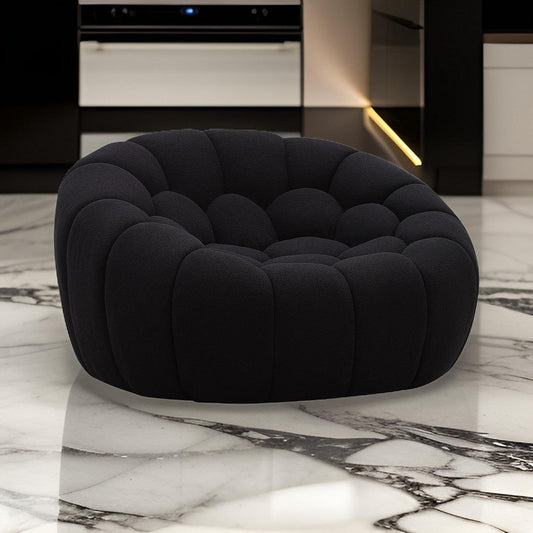 Reno Ola 48 Inch Accent Chair, Tufted Cushions, Round Black Teddy Fabric By Casagear Home