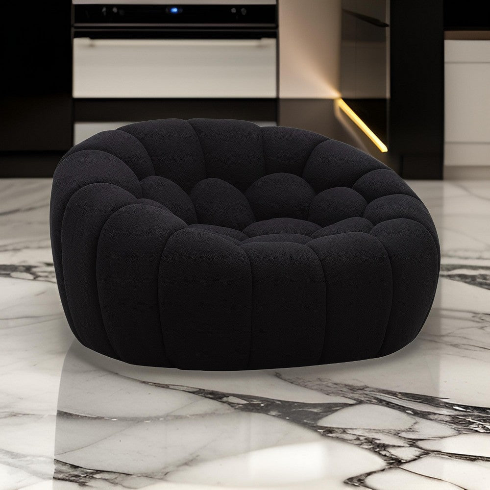 Reno Ola 48 Inch Accent Chair, Tufted Cushions, Round Black Teddy Fabric By Casagear Home