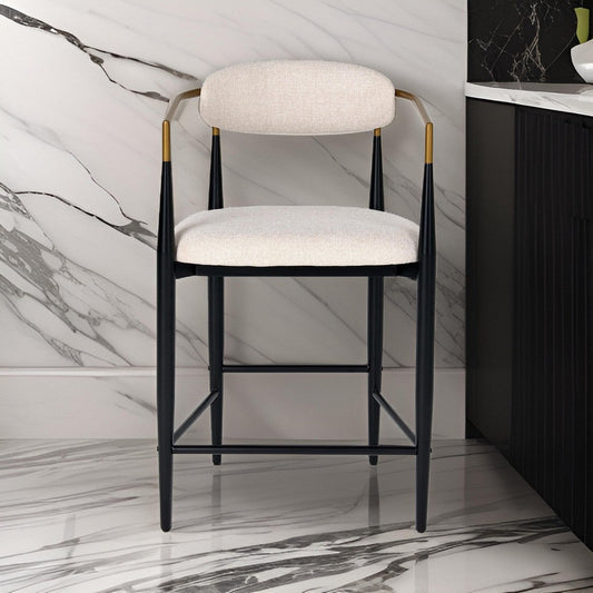 Cid Hita 25 Inch Counter Chair, Light Gray Polyester, Black Iron Legs, Gold By Casagear Home