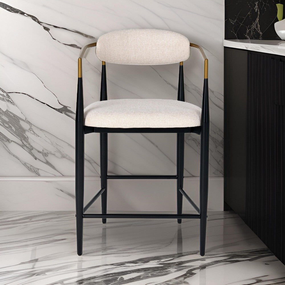Cid Hita 25 Inch Counter Chair, Light Gray Polyester, Black Iron Legs, Gold By Casagear Home