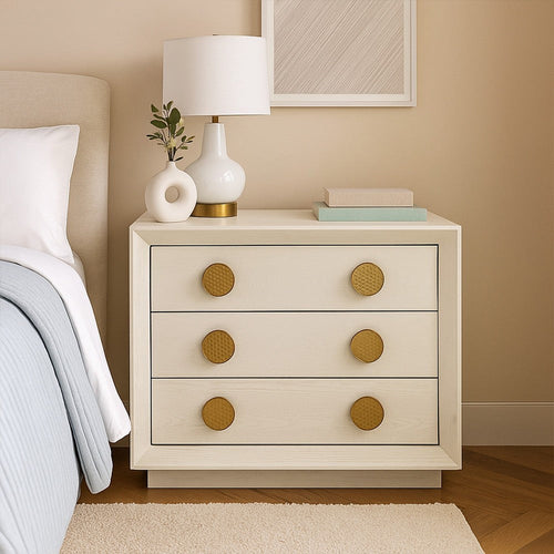 Cid Jorie 39 Inch Nightstand, 3 Drawers, Cream White Wood, Steel Handles By Casagear Home
