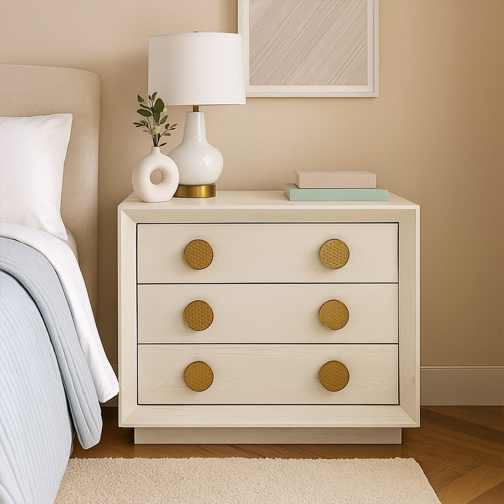 Cid Jorie 39 Inch Nightstand, 3 Drawers, Cream White Wood, Steel Handles By Casagear Home