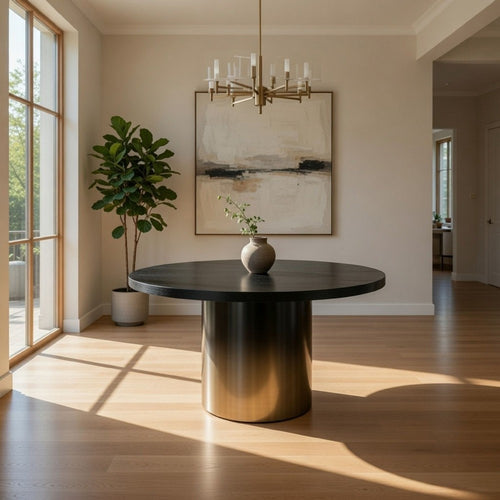 Cid Vito 47 Inch Dining Table, Round Top, Steel Pedestal Base, Black Wood By Casagear Home
