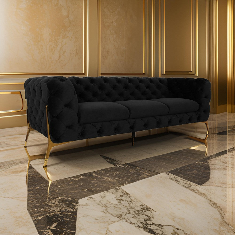 Reno Joni 97 Inch Sofa Tufted Black Velvet Metal Legs in Gold Finish By Casagear Home BM317637