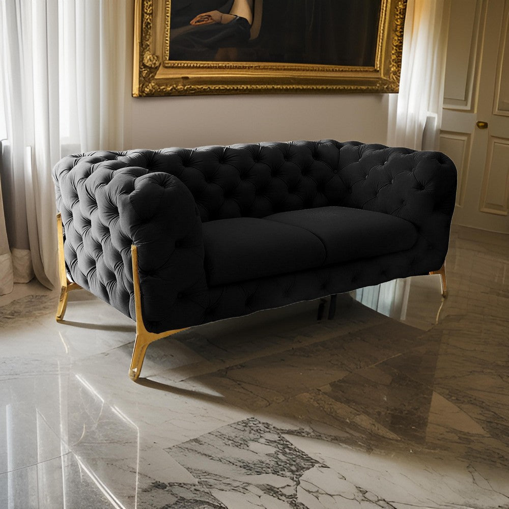 Reno Joni 74 Inch Loveseat, Tufted Black Velvet, Metal Legs in Gold Finish By Casagear Home