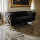 Reno Joni 74 Inch Loveseat, Tufted Black Velvet, Metal Legs in Gold Finish By Casagear Home