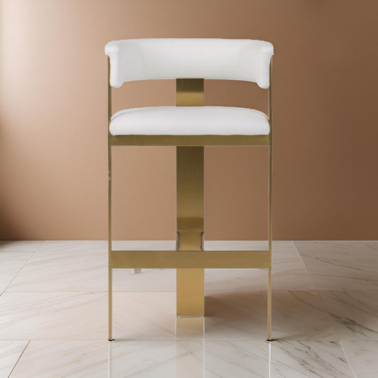Cid Willow Barstool Chair, White Faux Leather, Gold Metal Three Leg Base By Casagear Home