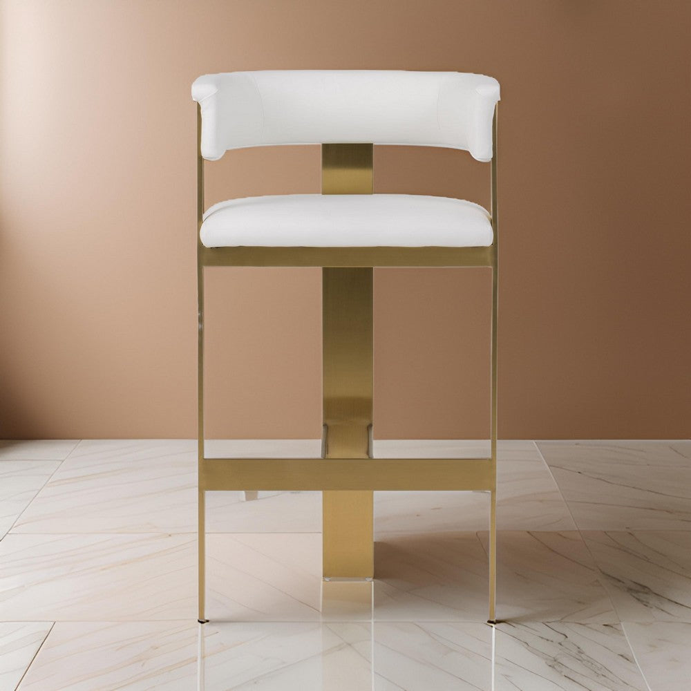 Cid Willow Barstool Chair, White Faux Leather, Gold Metal Three Leg Base By Casagear Home