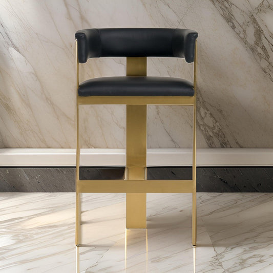 Cid Willow Barstool Chair, Black Faux Leather, Gold Metal Three Leg Base By Casagear Home