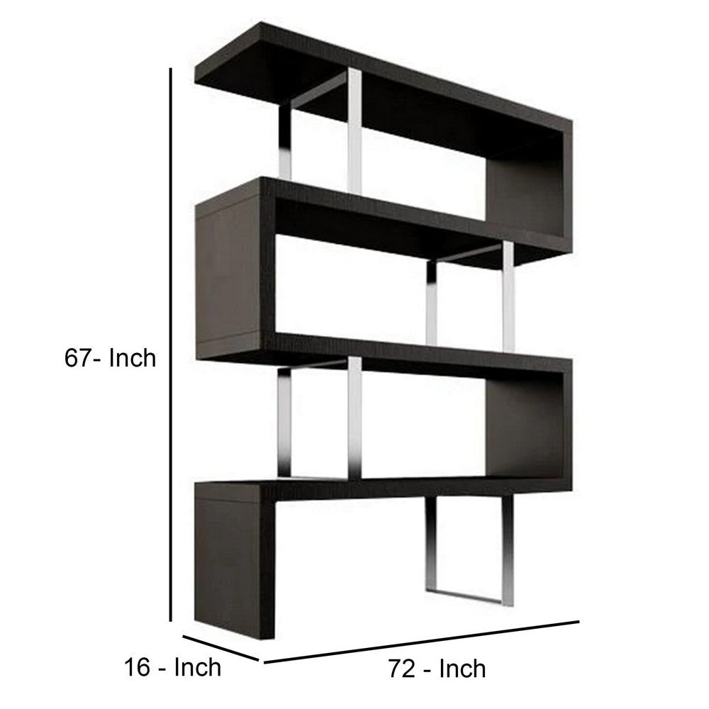 Jue 72 Inch Bookshelf 4 Open Tier Racks Chrome Metal Frame Black MDF By Casagear Home BM317649